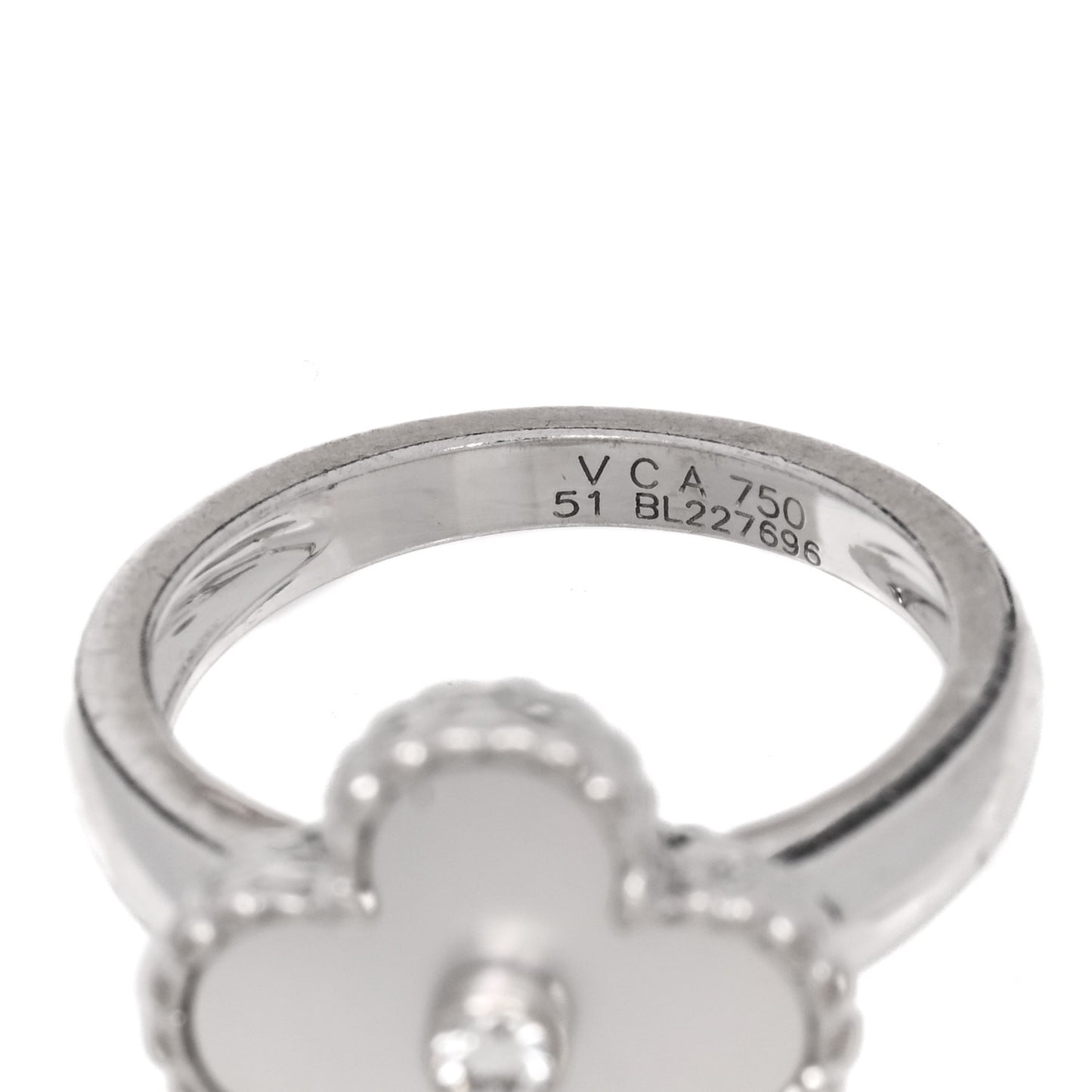 18K White Gold Diamond Mother of Pearl Vintage Alhambra Ring 51 5.75