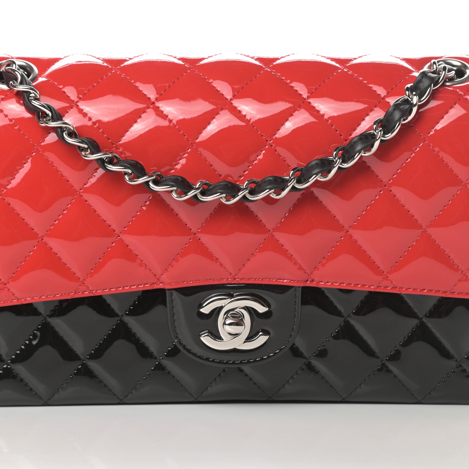 Chanel Patent Calfskin Quilted Bi-Color Medium Double Flap Red Black 8 of 12