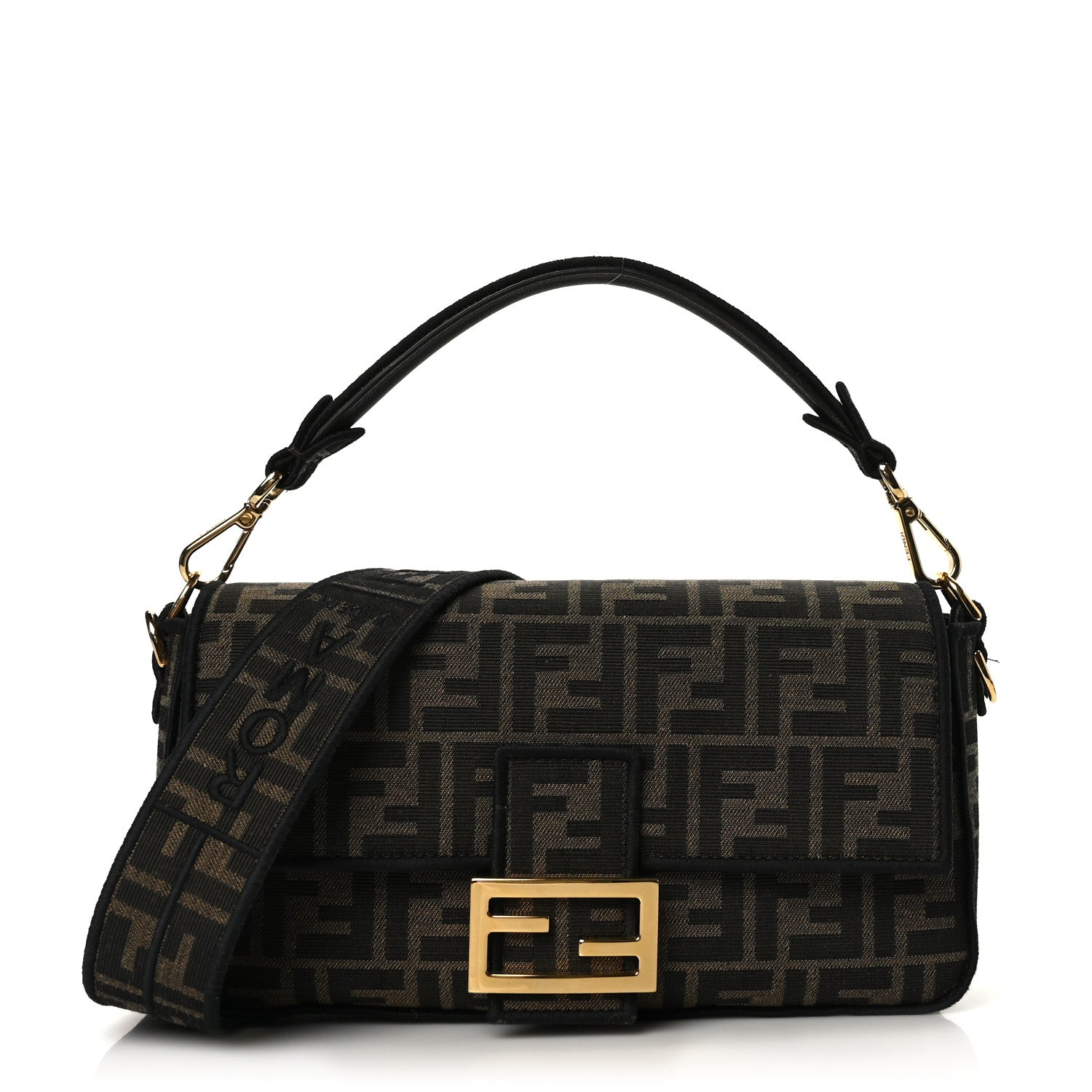 Fendi Fabric Jacquard FF 1974 Medium Baguette Tobacco Moro Black 1 of 8