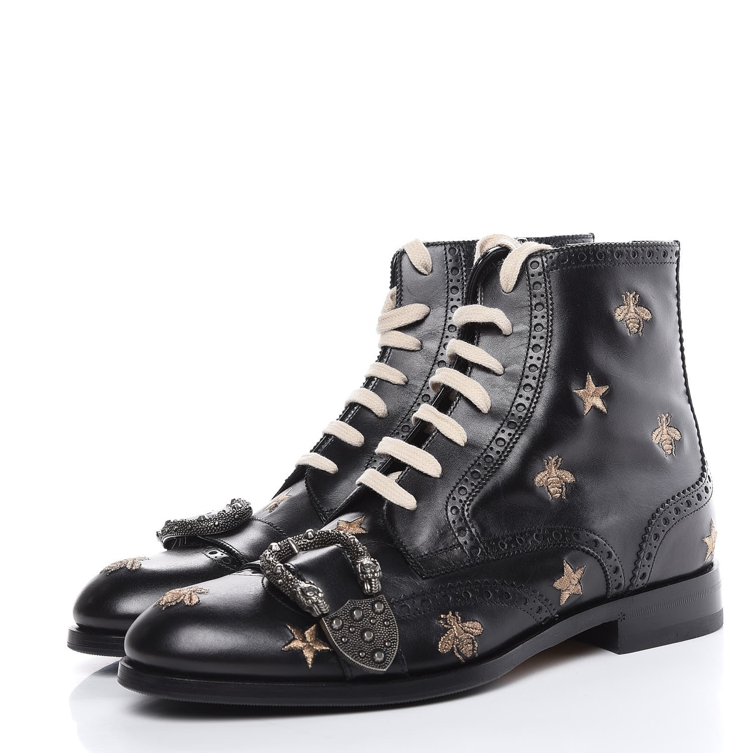 Gucci Calfskin Bee Star Embroidered Mens Queercore Brogue Wingtip Boots 7.5 Black 3 of 10