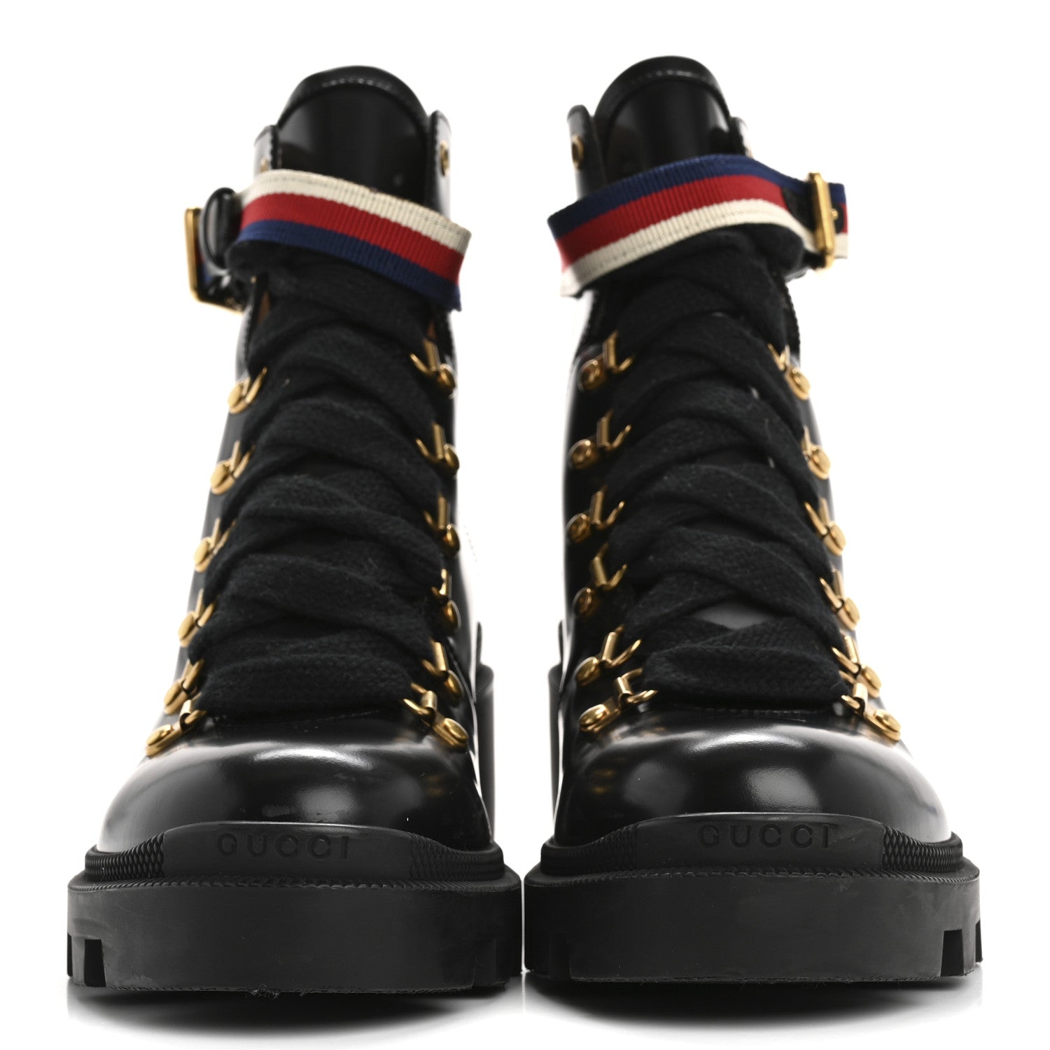 Gucci Calfskin Sylvie Web Womens Lace Up Combat Boots 38 Black 3 of 9