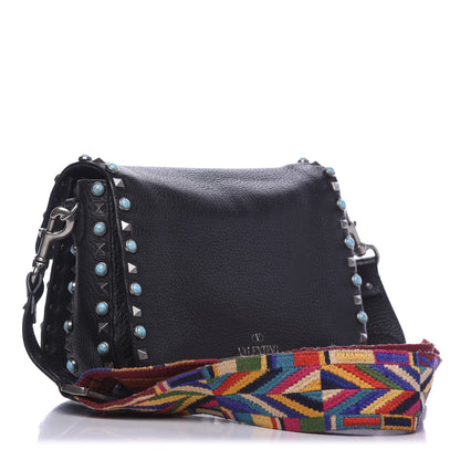 Valentino Garavani Pebbled Calfskin Turquoise Medium Guitar Strap Rockstud Rolling Flap Saddle Bag Black 3 of 10