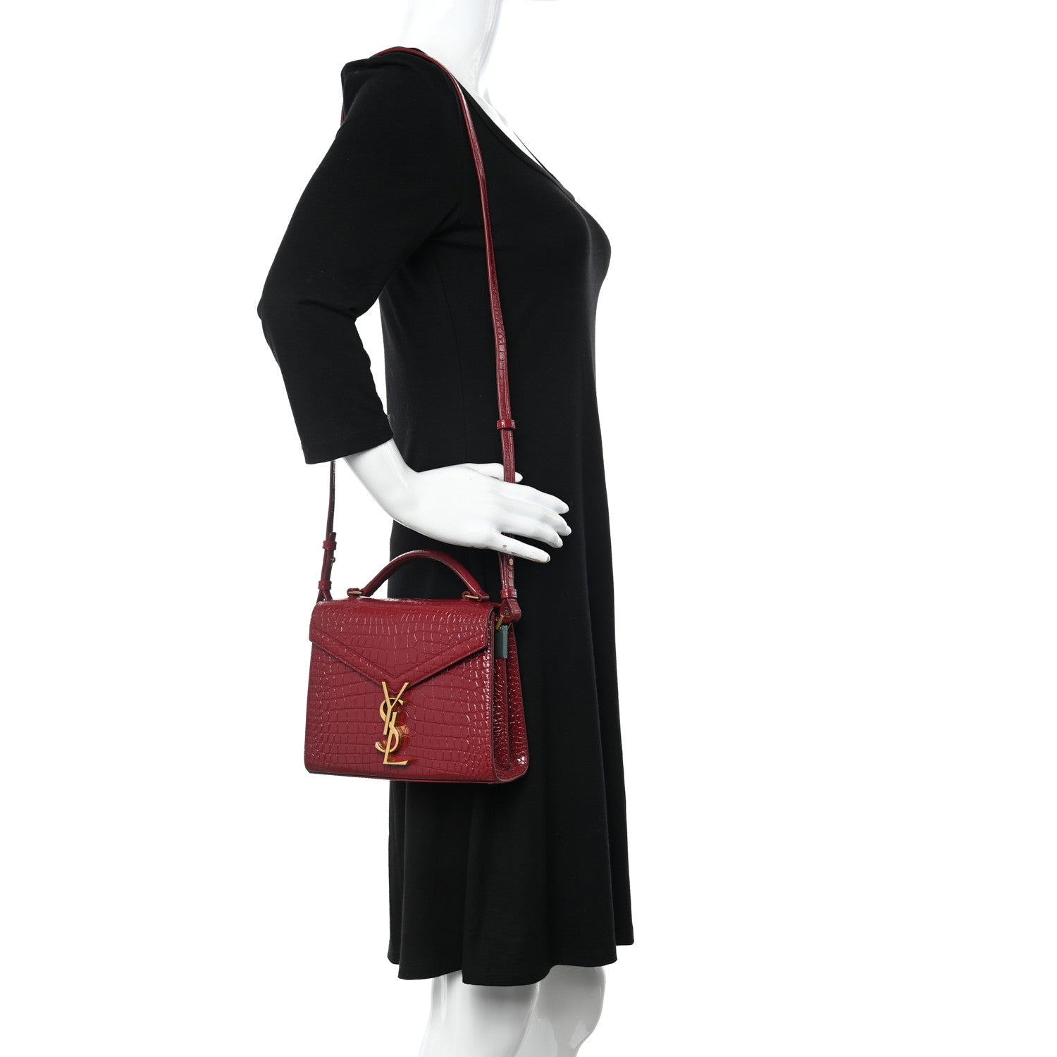 Saint Laurent Calfskin Crocodile Embossed Mini Classic Monogram Cassandra Top Handle Red 2 of 10