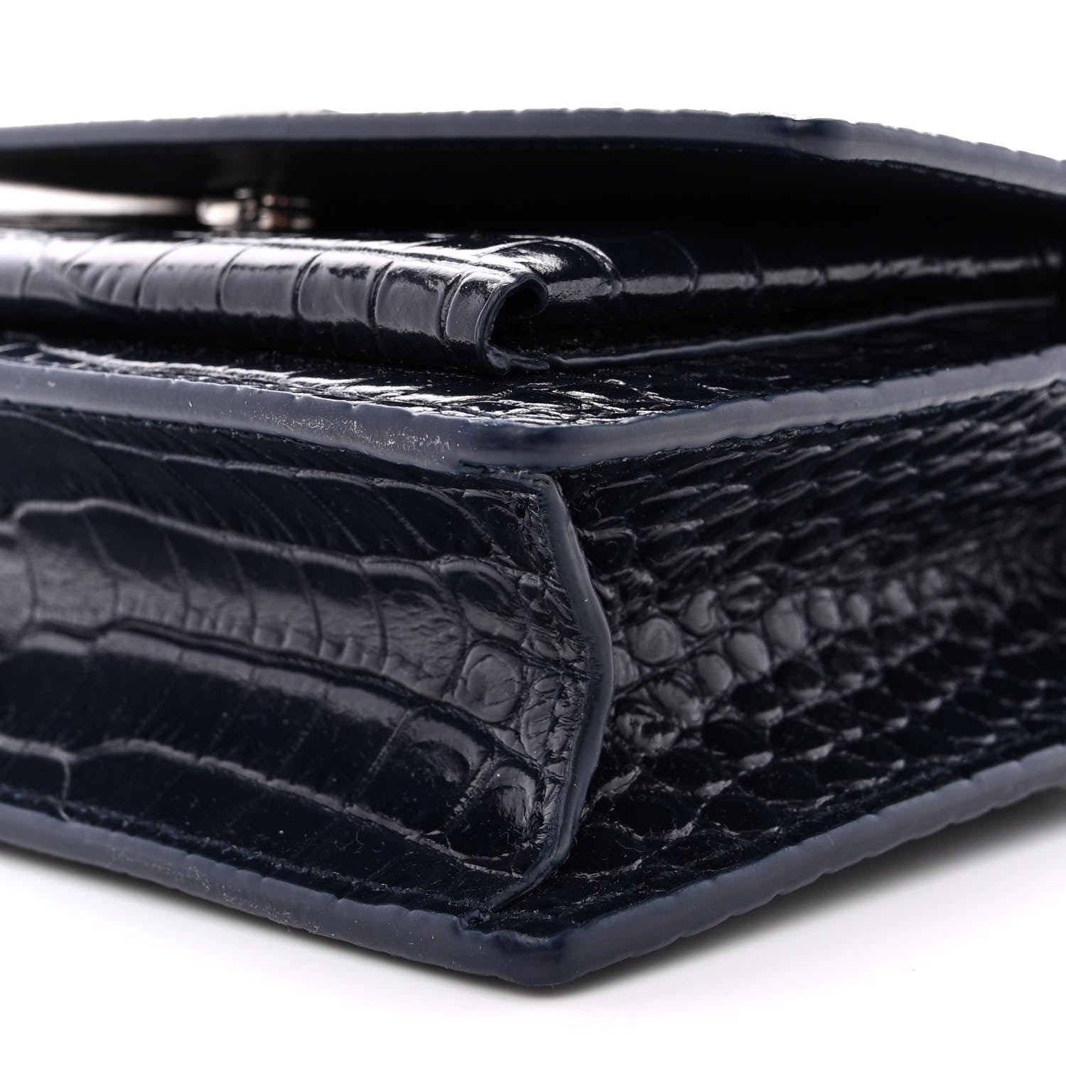 Saint Laurent Calfskin Crocodile Embossed Monogram Sunset Chain Wallet Navy 9 of 11