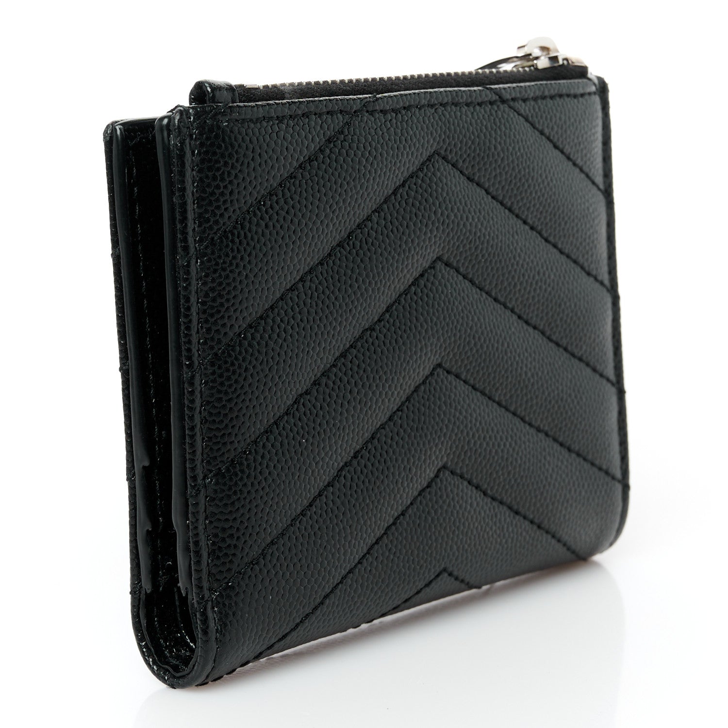 Saint Laurent Grain De Poudre Matelasse Chevron Monogram Zipped Card Case Black 3 of 10