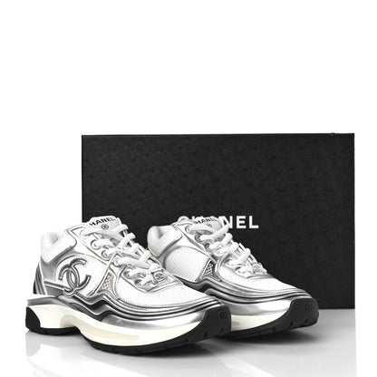 Chanel Fabric Laminated Calfskin Stretch CC Sneakers 37 White Silver 9 of 9
