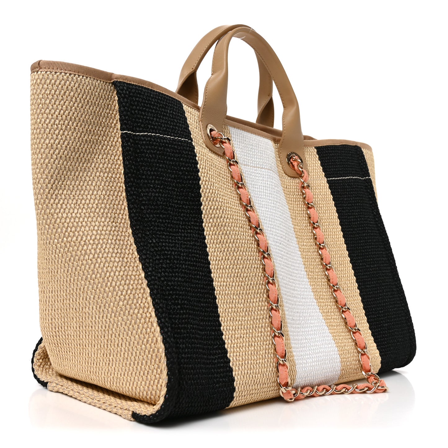 Straw Raffia Calfskin Striped Medium Deauville Tote Black Beige Ivory