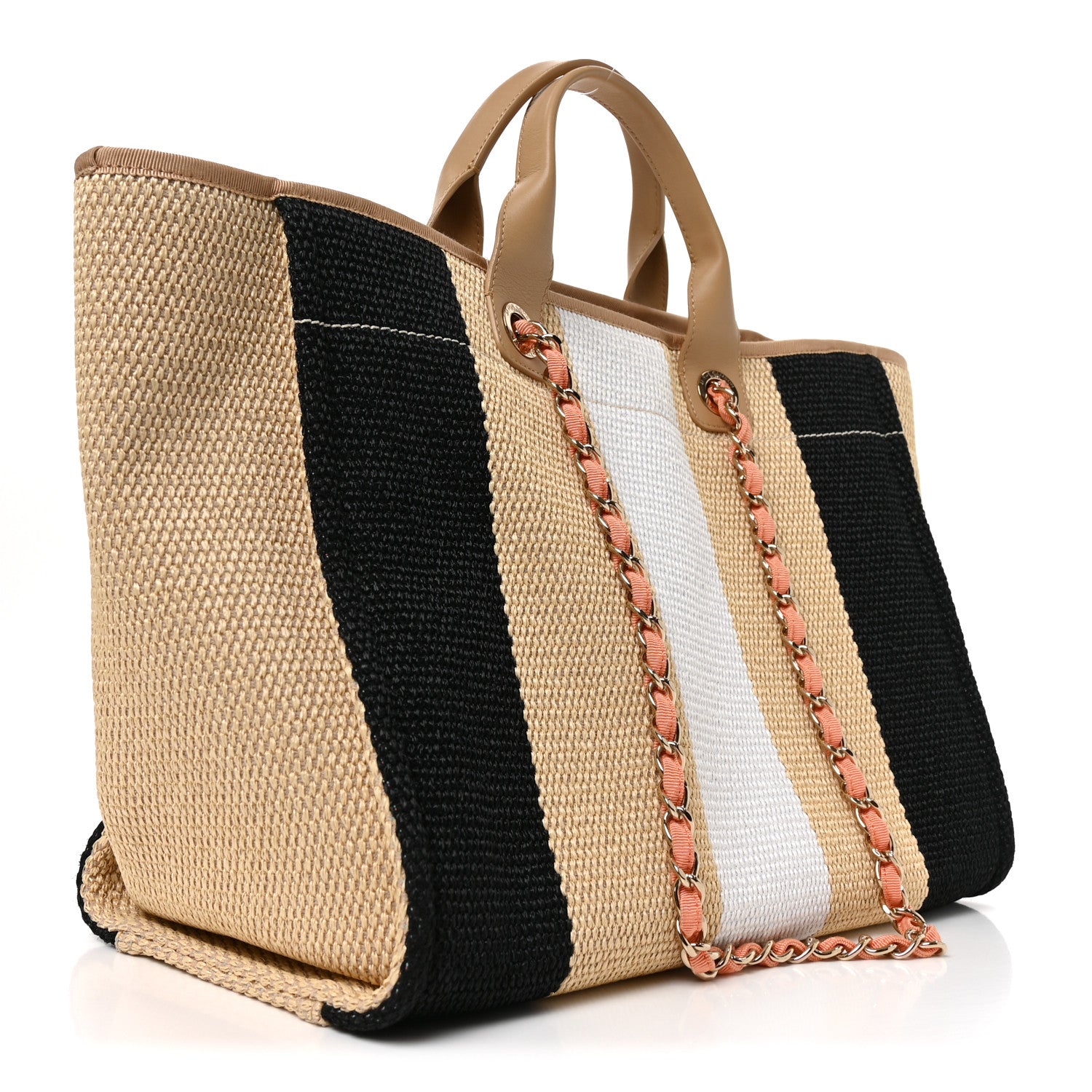 Chanel Straw Raffia Calfskin Striped Medium Deauville Tote Black Beige Ivory 3 of 10