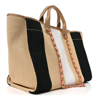 Chanel Straw Raffia Calfskin Striped Medium Deauville Tote Black Beige Ivory 3 of 10