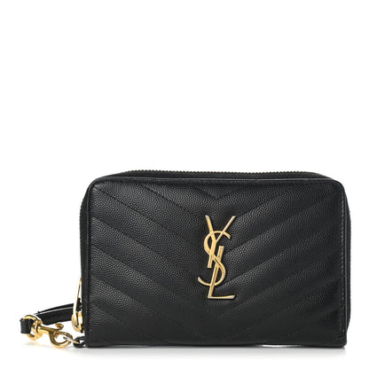 Saint Laurent Grain De Poudre Matelasse Chevron Monogram Zip Around Wallet Black 1 of 14