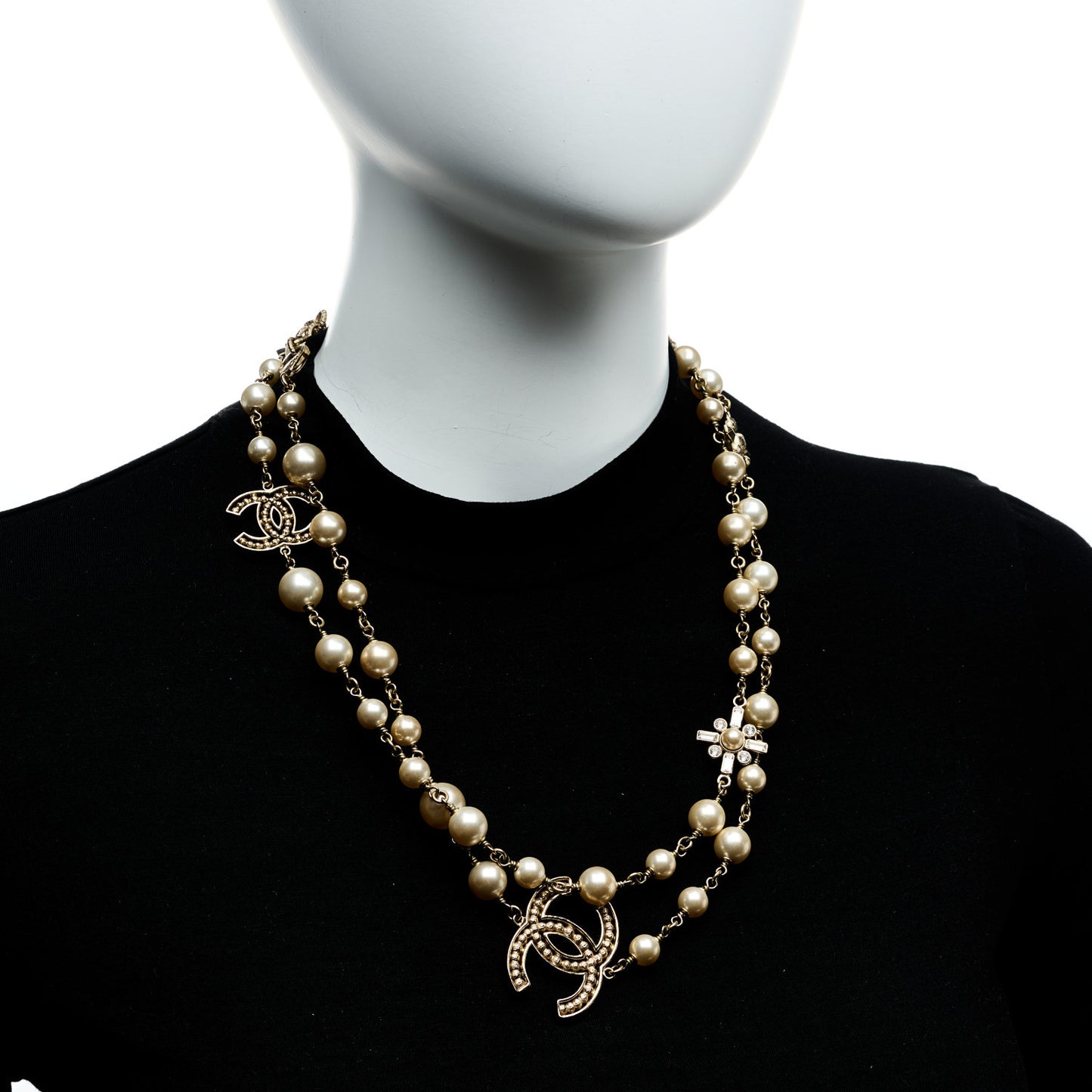 Crystal Baguette Pearl CC Cross Necklace Gold
