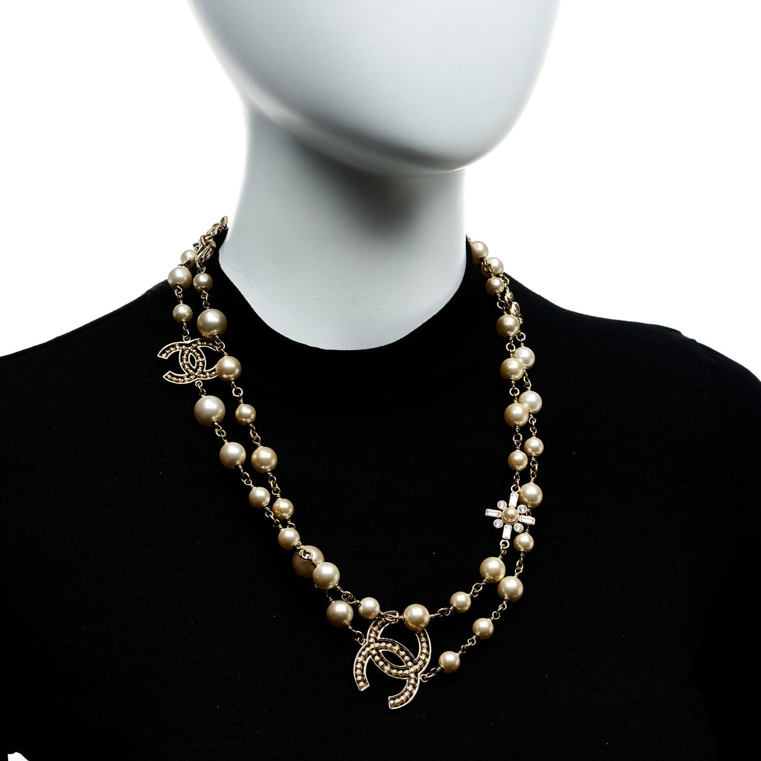 Chanel Crystal Baguette Pearl CC Cross Necklace Gold 2 of 4