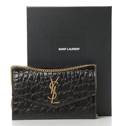 Saint Laurent Calfskin Crocodile Embossed Monogram Uptown Chain Wallet Fondente 12 of 12