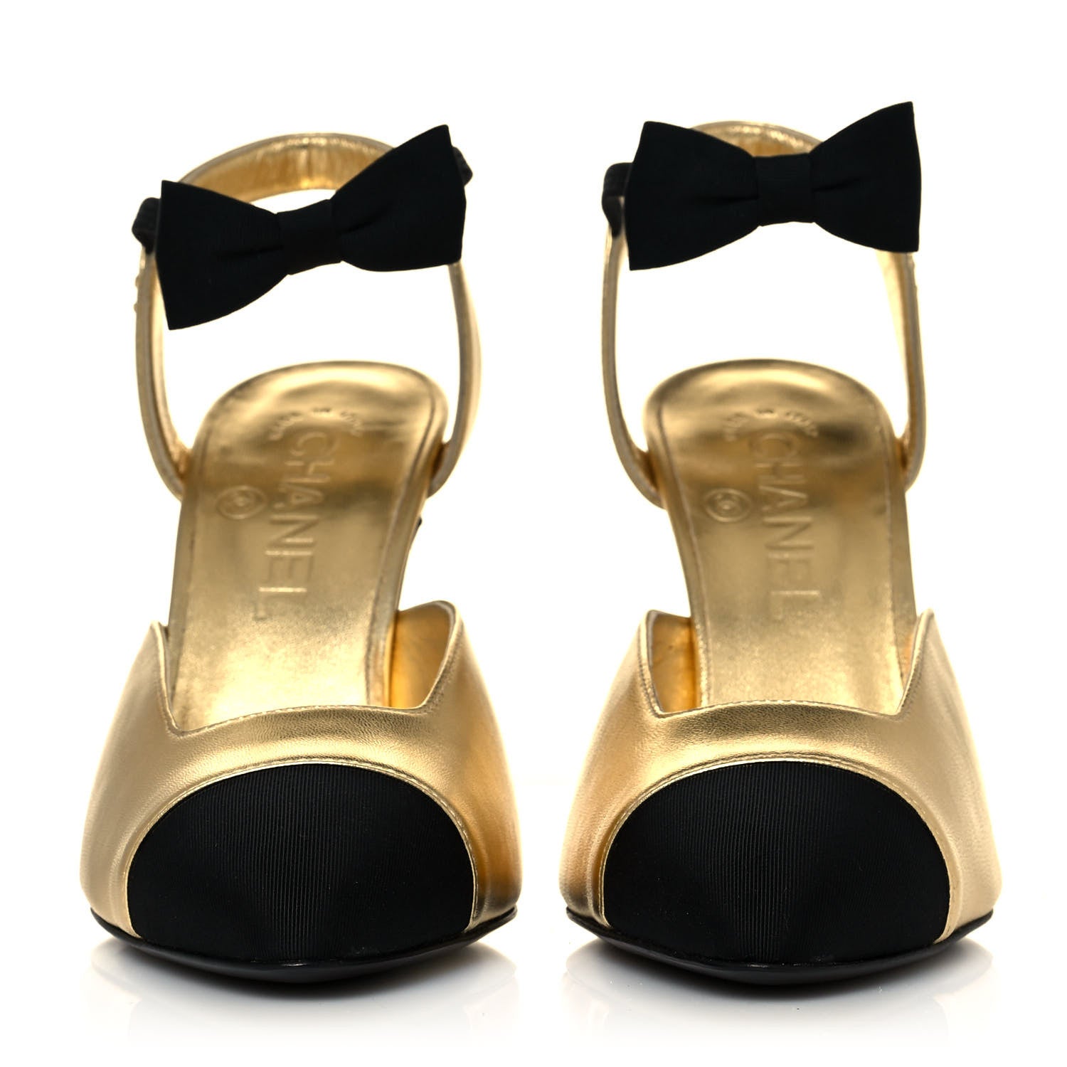 Chanel Laminated Lambskin Grosgrain Cap Toe CC Pumps 38 Gold Black 2 of 10