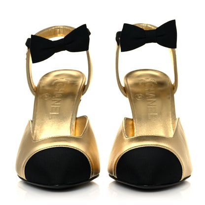 Chanel Laminated Lambskin Grosgrain Cap Toe CC Pumps 38 Gold Black 2 of 10