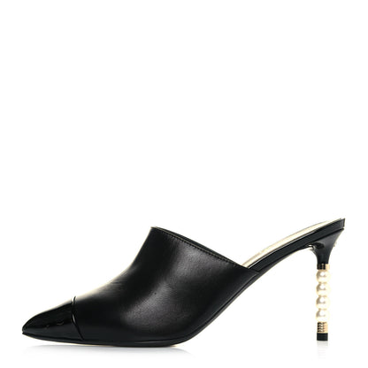 Chanel Lambskin Patent Cap Toe Pearl Mules 39.5 Black 1 of 10
