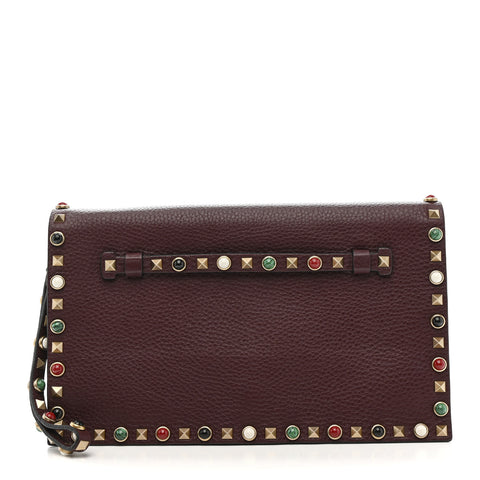 Pebbled Calfskin Rockstud Rolling Wristlet Clutch  Rubin