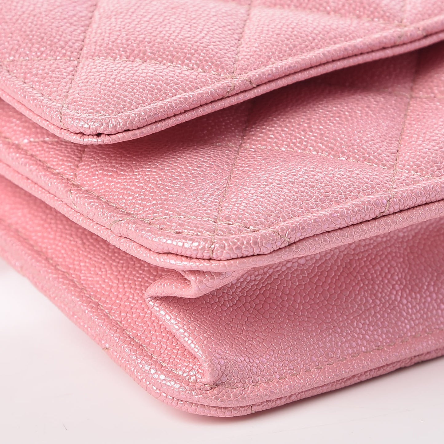 Iridescent Caviar Quilted Wallet on Chain WOC Rose Pink