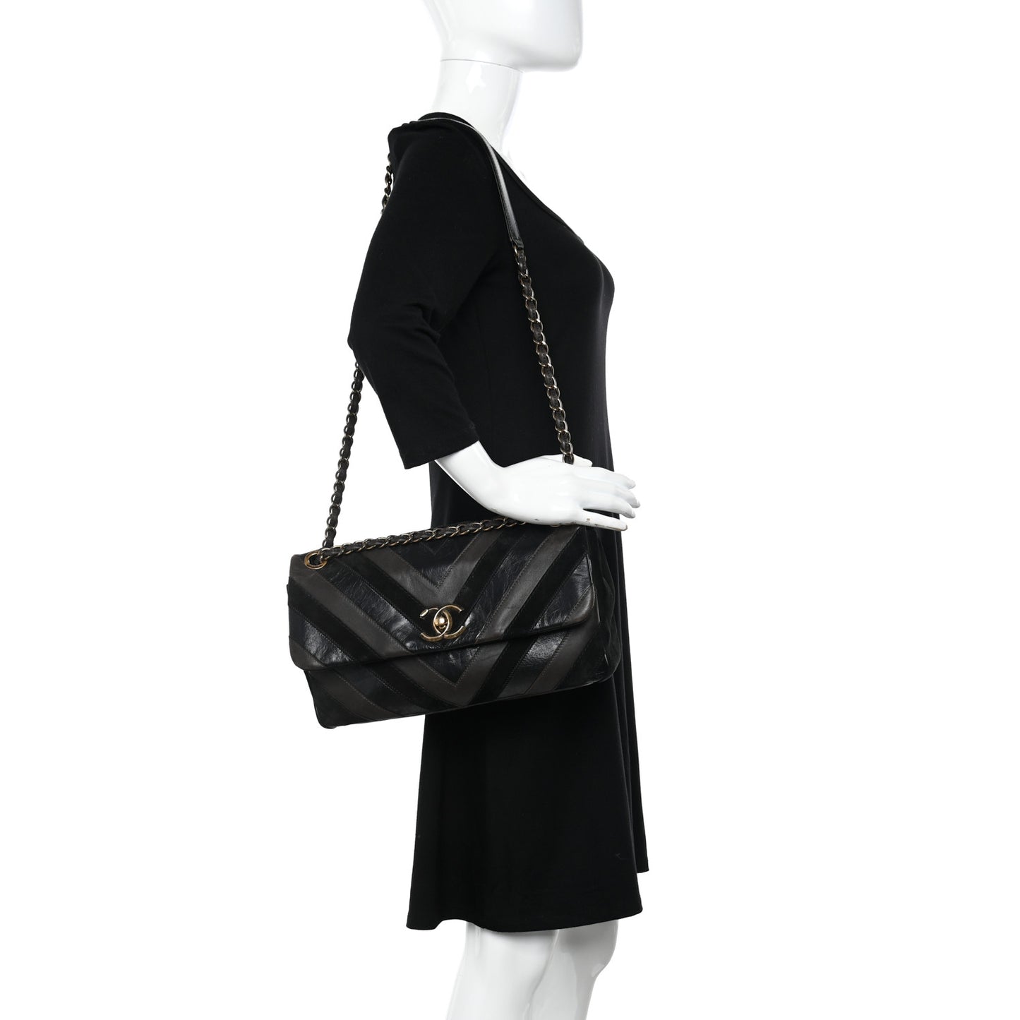 Suede Lambskin Glazed Calfskin Lady Vintage Chevron Flap Black Brown