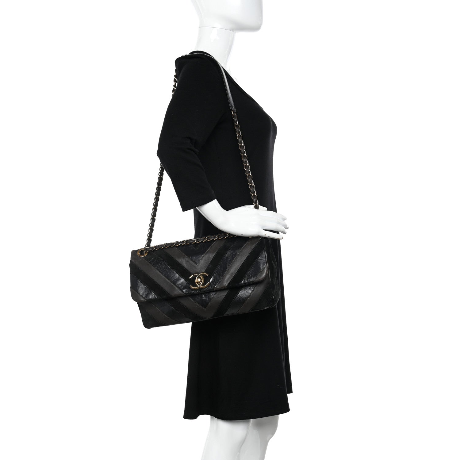 Chanel Suede Lambskin Glazed Calfskin Lady Vintage Chevron Flap Black Brown 2 of 11
