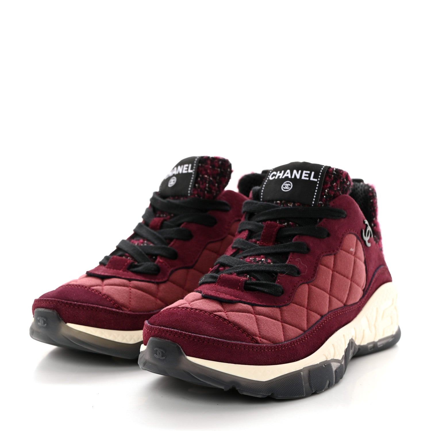 Chanel Tweed Suede Calfskin Grained Calfskin Womens CC Sneakers 37 Burgundy Black Silver 3 of 9
