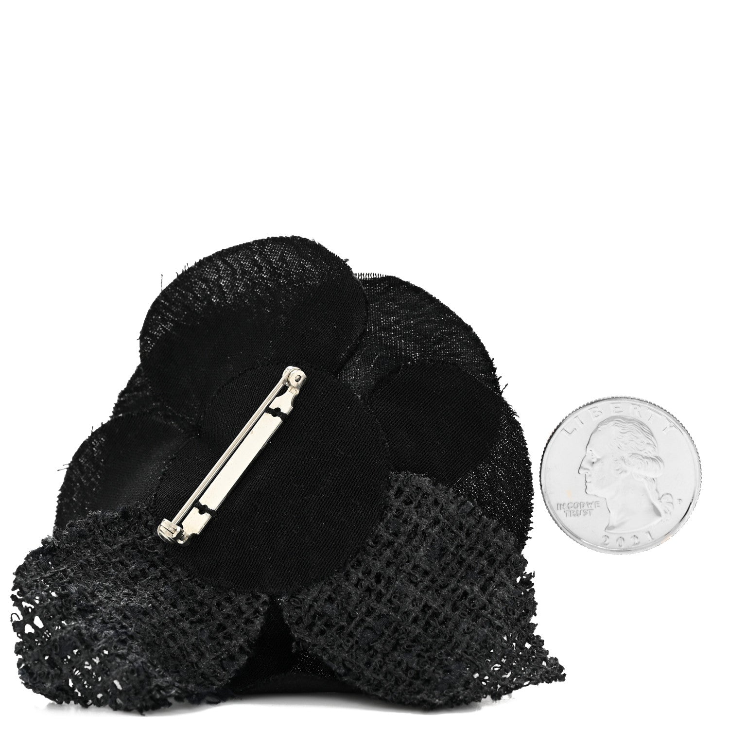 Chanel Tweed Fabric Camellia Pin Brooch Black 2 of 3