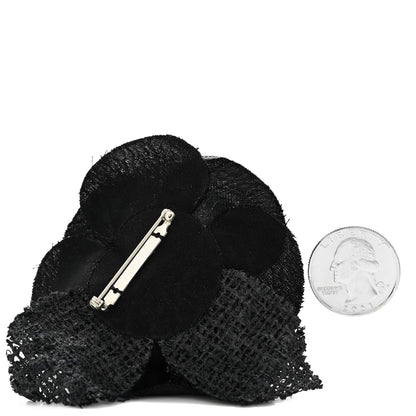 Chanel Tweed Fabric Camellia Pin Brooch Black 2 of 3