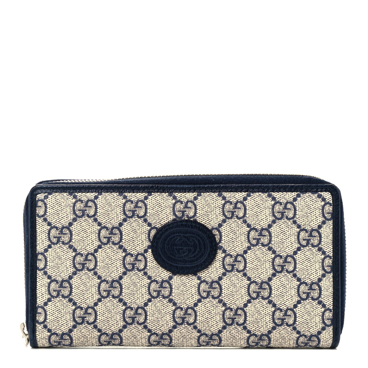 GG Supreme Monogram Textured Dollar Calfskin Retro Interlocking G Zip Around Wallet Beige Blue