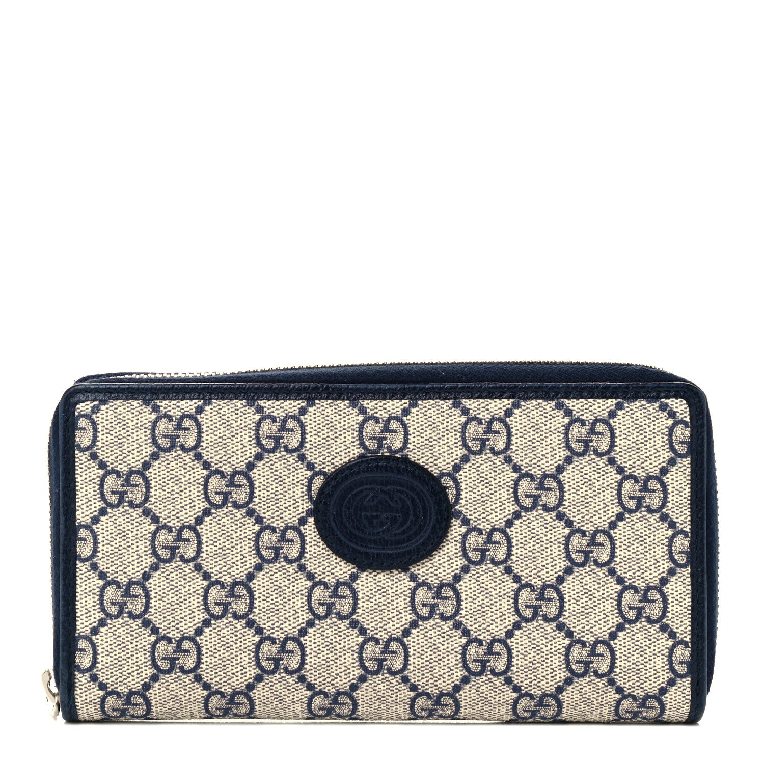 Gucci GG Supreme Monogram Textured Dollar Calfskin Retro Interlocking G Zip Around Wallet Beige Blue 1 of 8