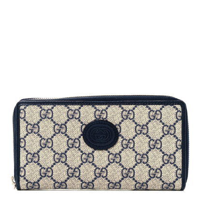 Gucci GG Supreme Monogram Textured Dollar Calfskin Retro Interlocking G Zip Around Wallet Beige Blue 1 of 8