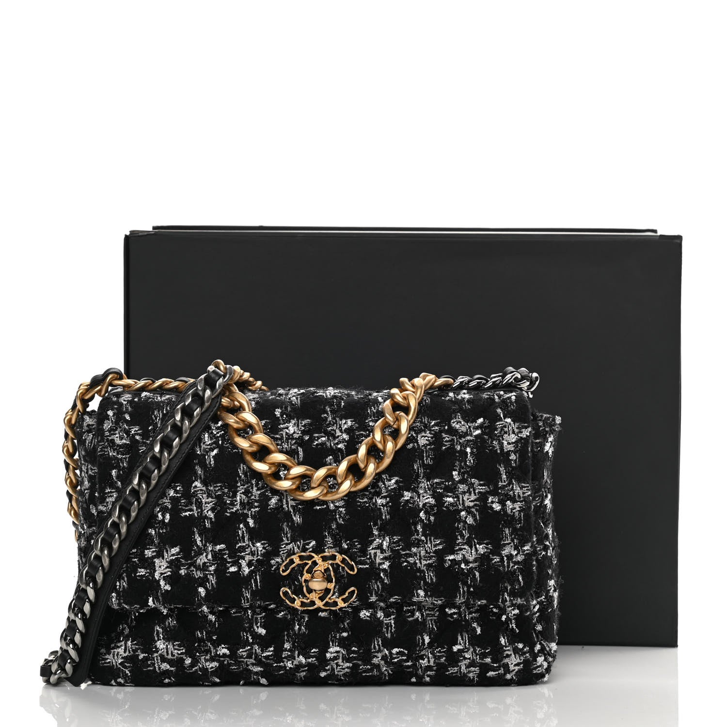 Chanel Tweed Quilted Large Chanel 19 Flap Black Ecru White 11 of 11