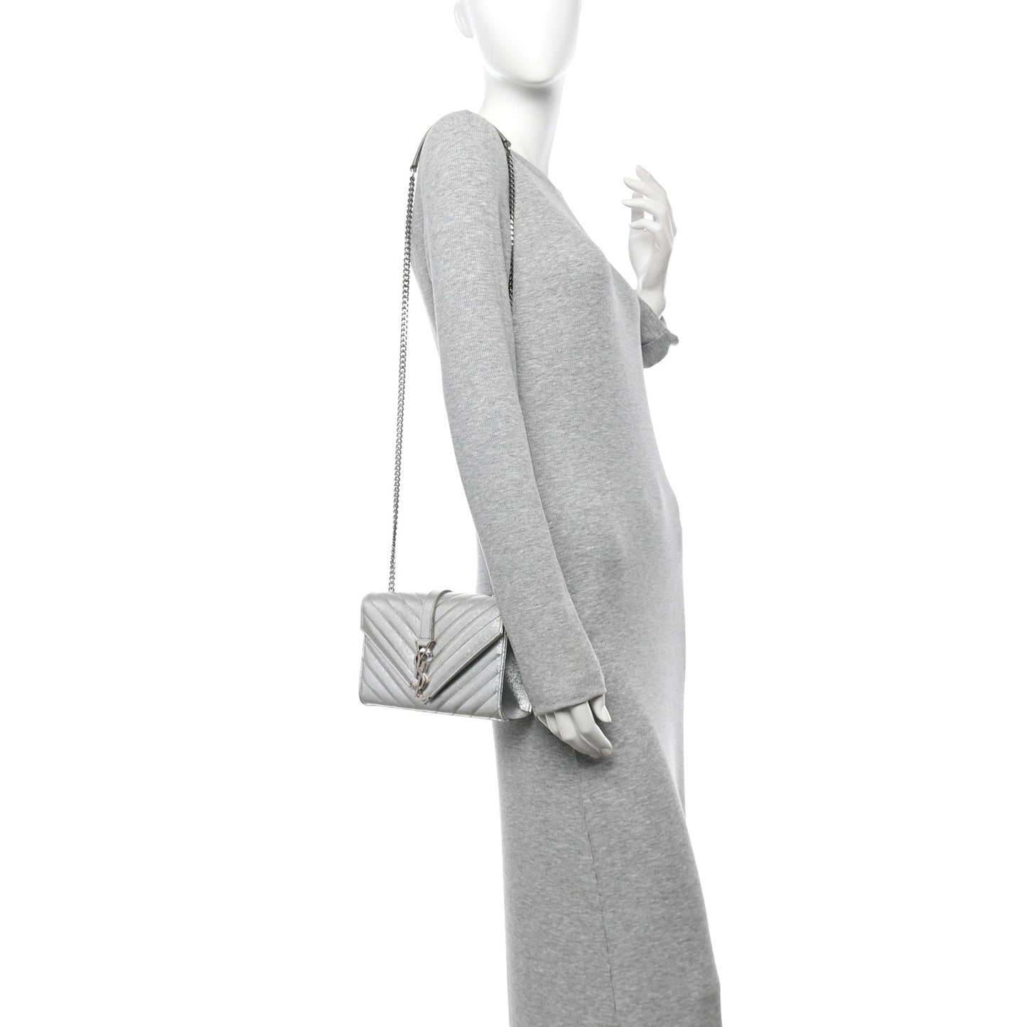 Metallic Grain De Poudre Matelasse Chevron Small Monogram Satchel Silver