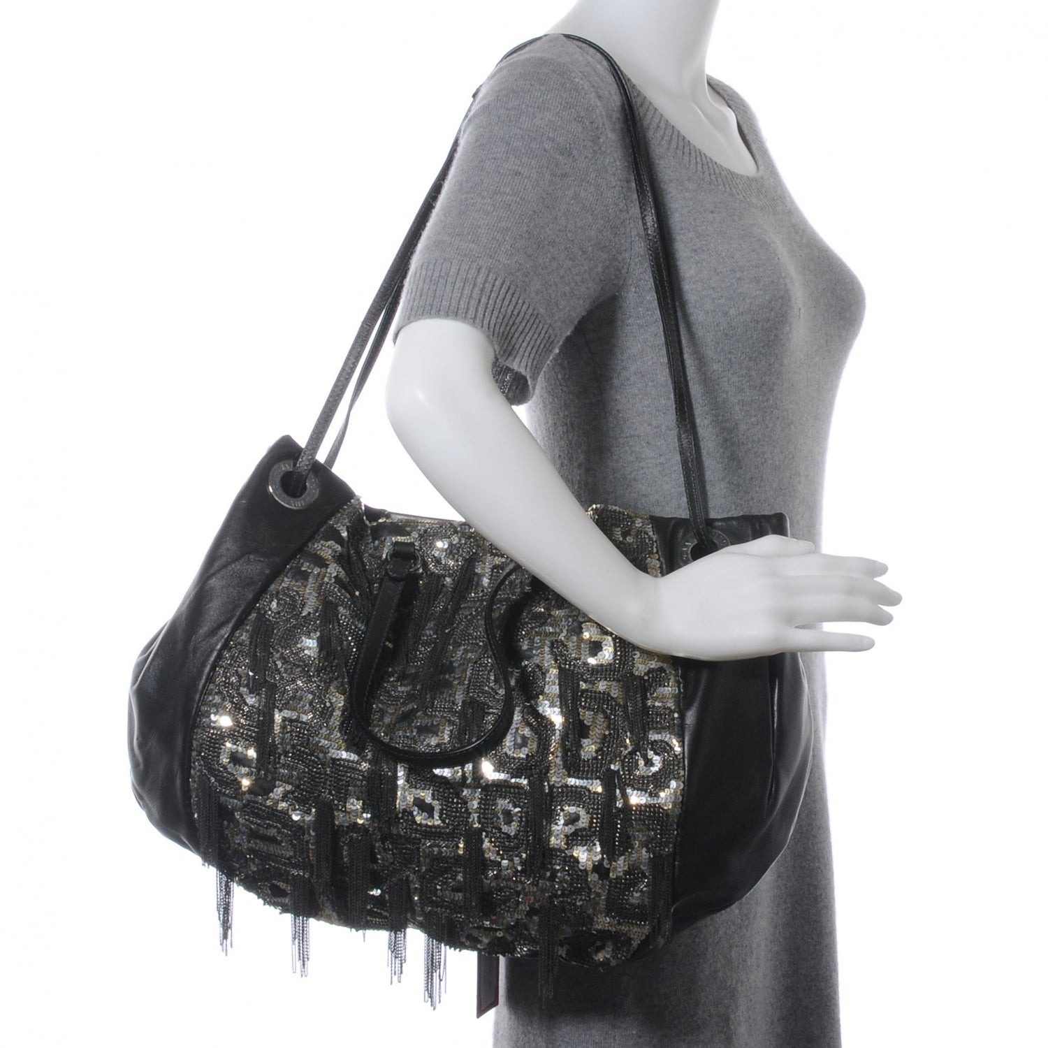 Valentino Garavani Leather Sequin Chain Glam Tote Black 2 of 7