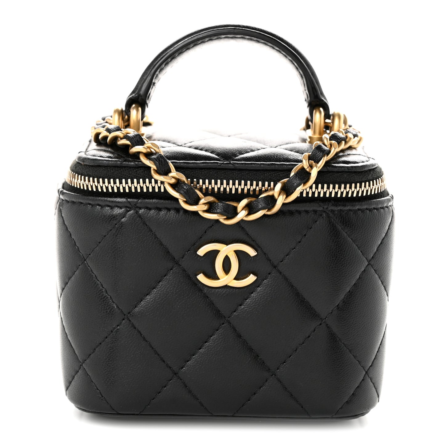 Lambskin Quilted Top Handle Mini Vanity Case With Chain Black