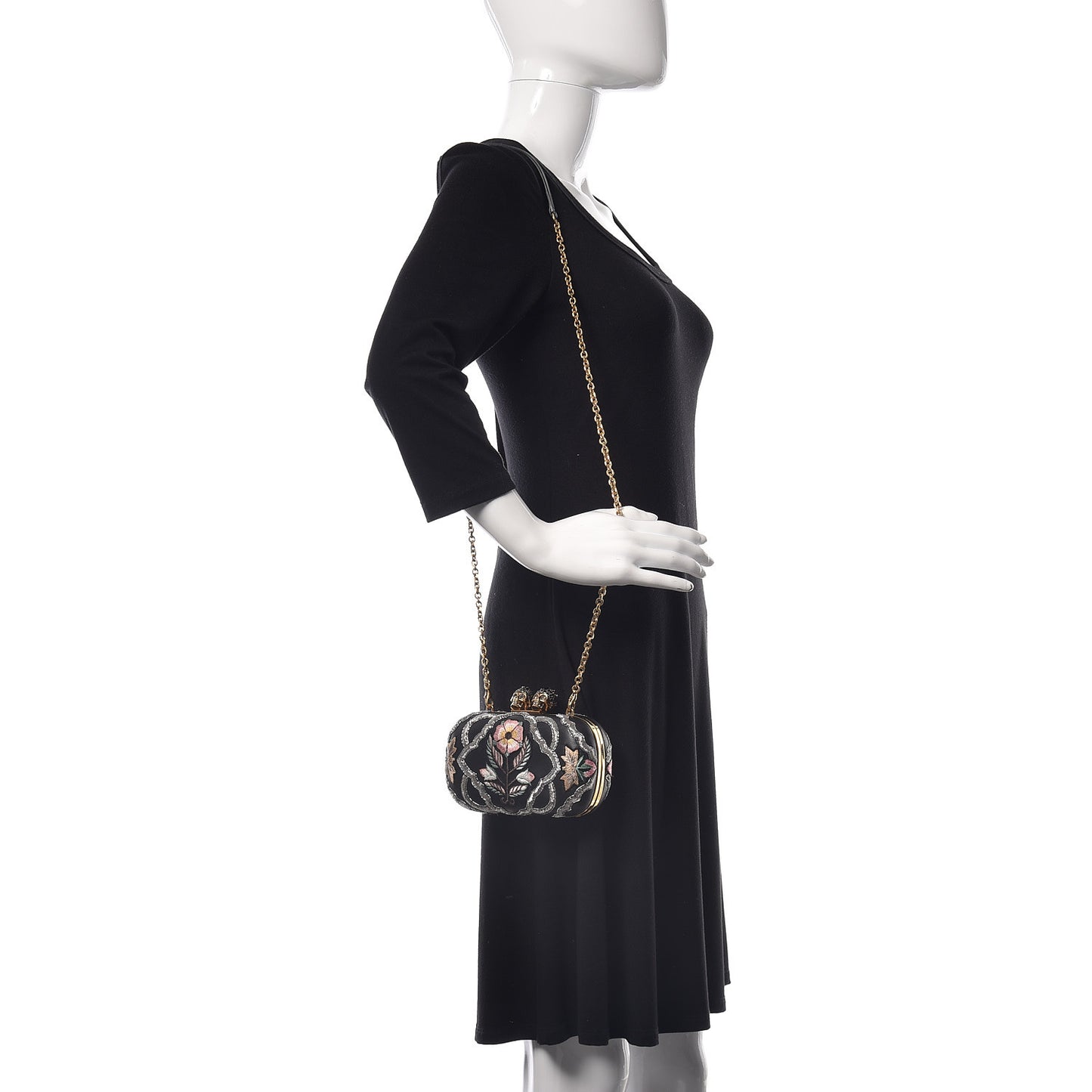 Nappa Embroidered Flower Queen and King Skull Box Chain Clutch Black Multicolor