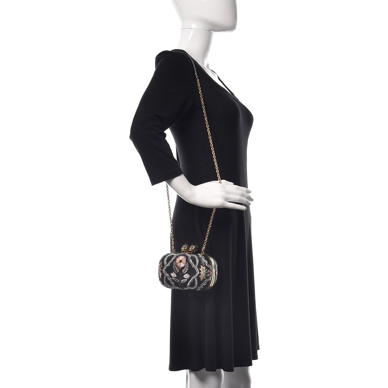 Alexander McQueen Nappa Embroidered Flower Queen and King Skull Box Chain Clutch Black Multicolor 2 of 9