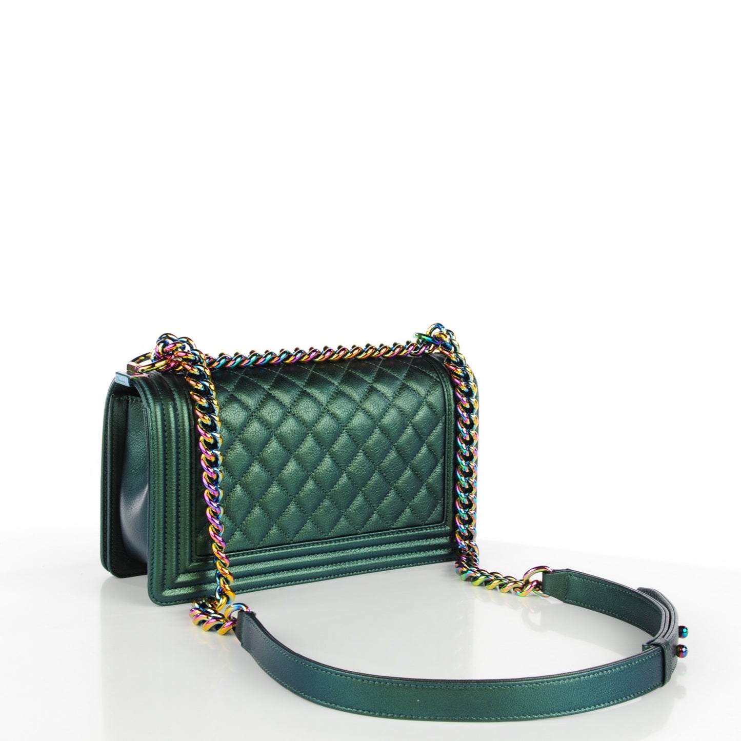 Iridescent Goatskin Quilted Medium Boy Flap Green