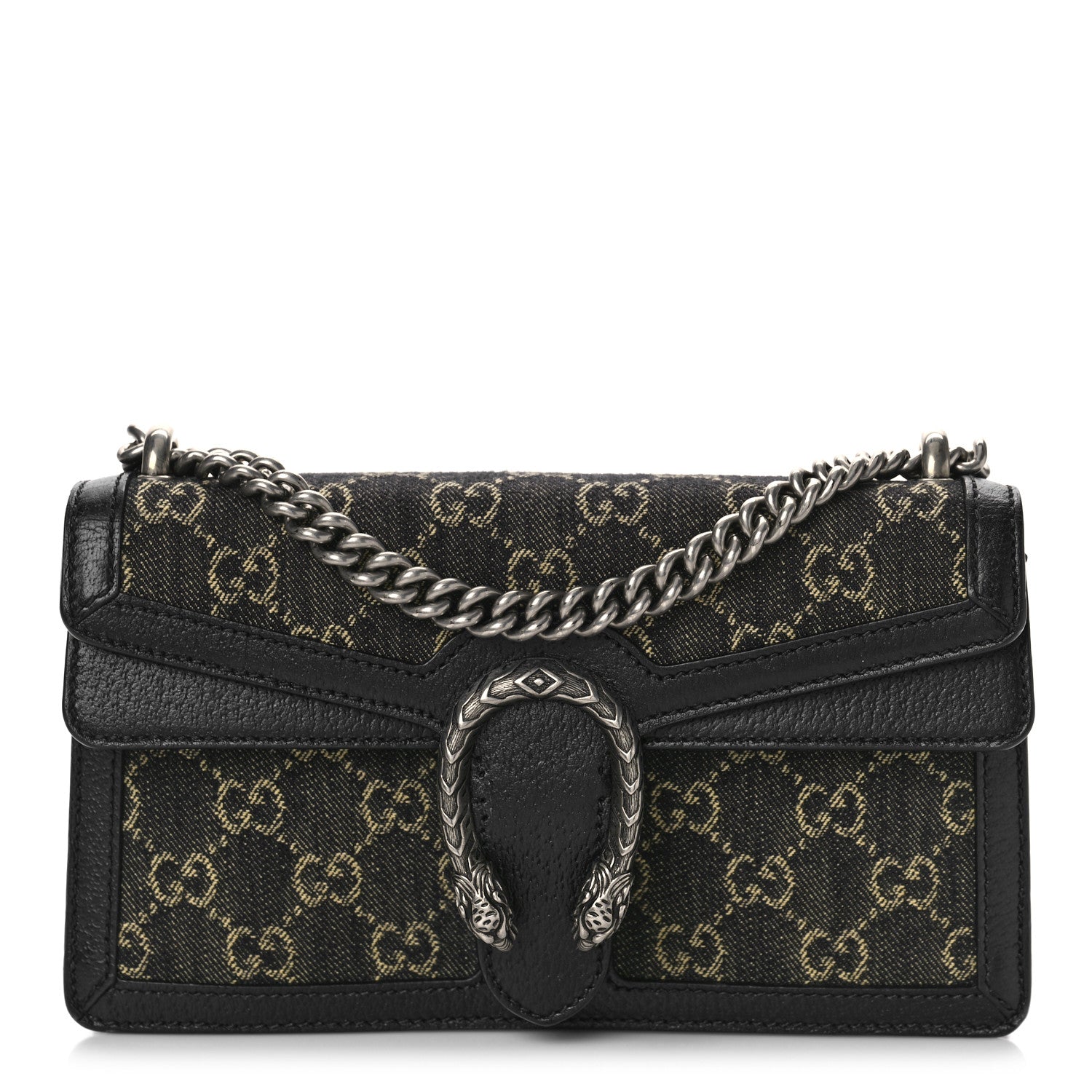 Gucci Jacquard Black Denim GG Monogram Textured Dollar Calfskin Small Dionysus Shoulder Bag Black Ivory 1 of 8