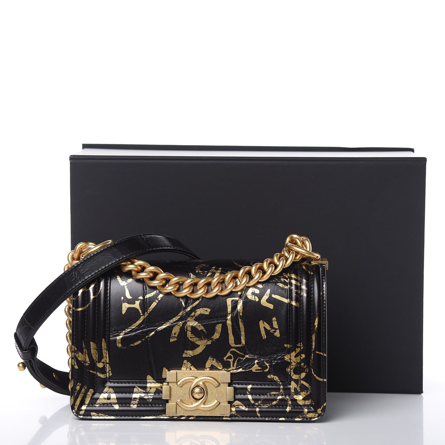 Calfskin Crocodile Embossed Graffiti Small Cocodile Boy Flap Black Gold