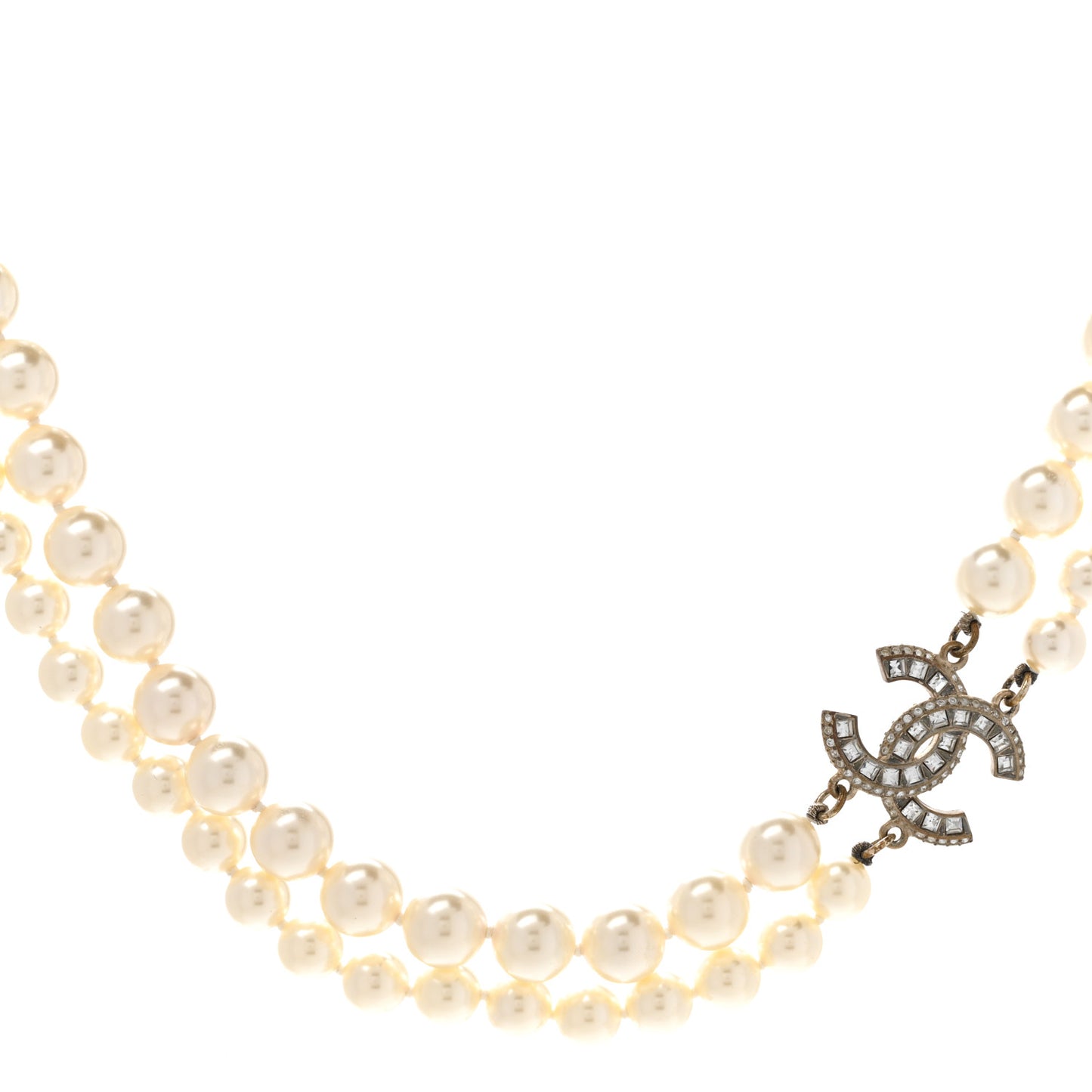 Baguette Crystal Pearl CC Double Strand Necklace Gold
