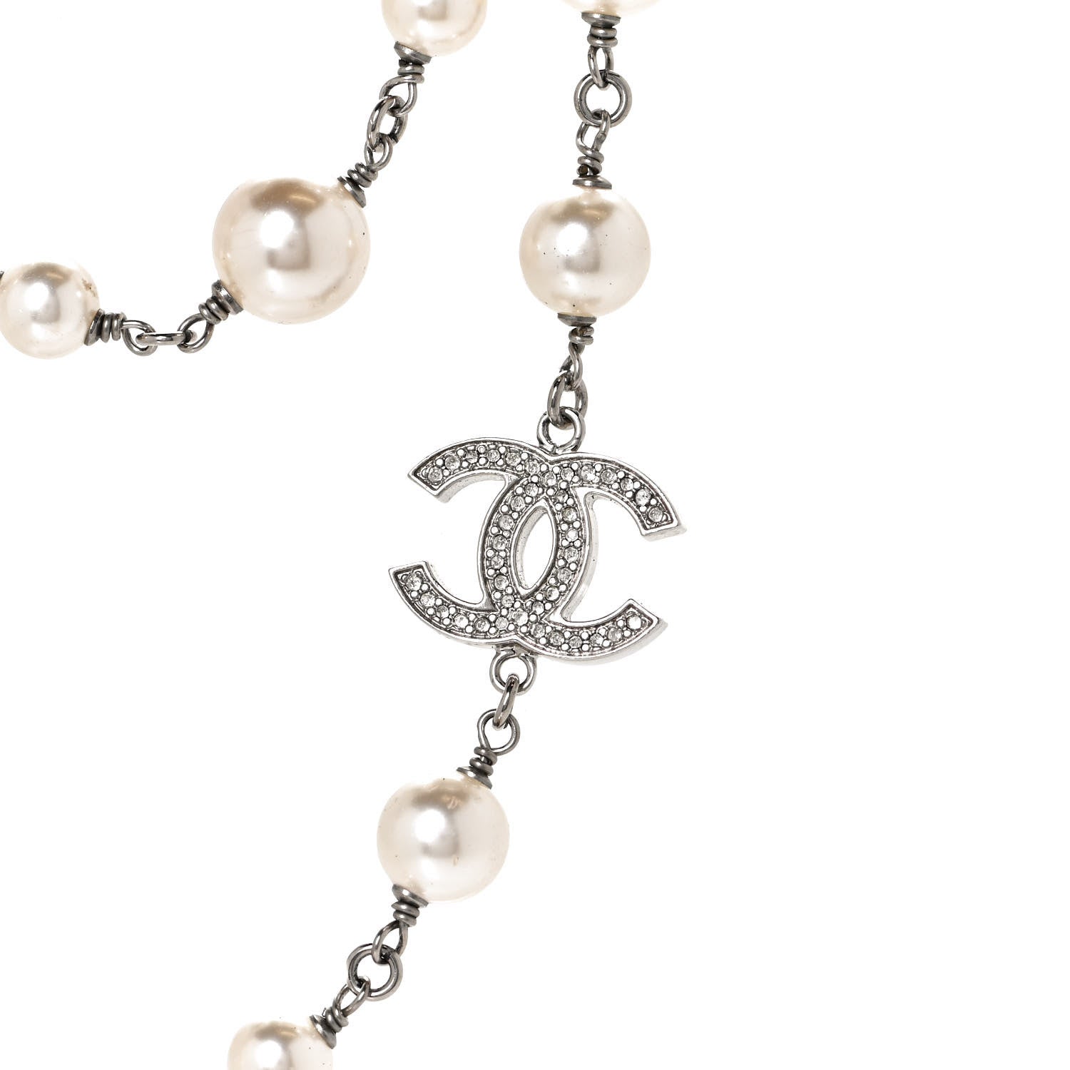 Chanel Graduated Pearl Crystal CC Long Necklace Silver 5 of 6