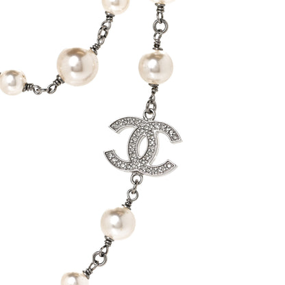 Chanel Graduated Pearl Crystal CC Long Necklace Silver 5 of 6