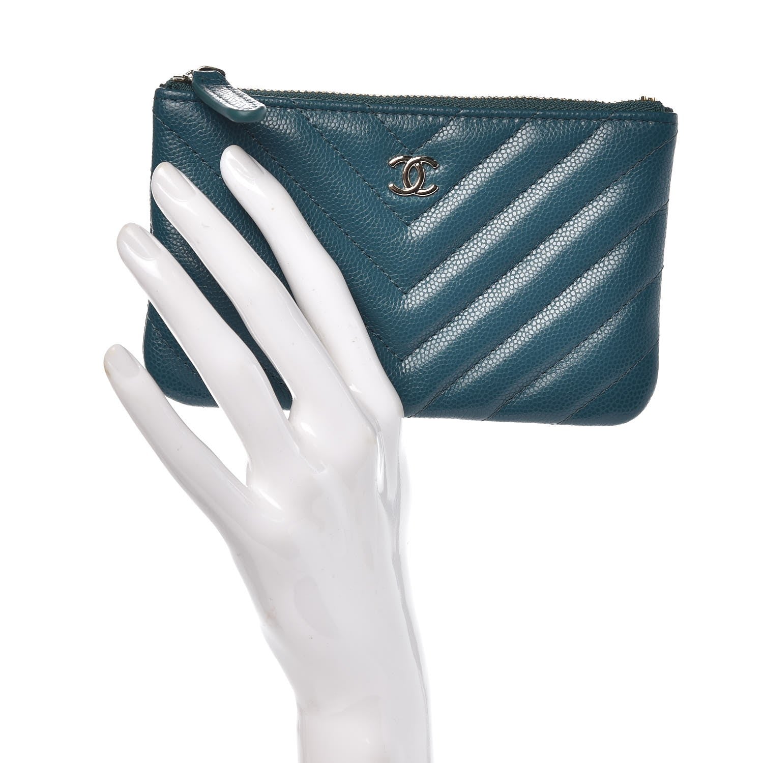 Chanel Caviar Chevron Quilted Small Cosmetic Case Dark Turquoise 2 of 8