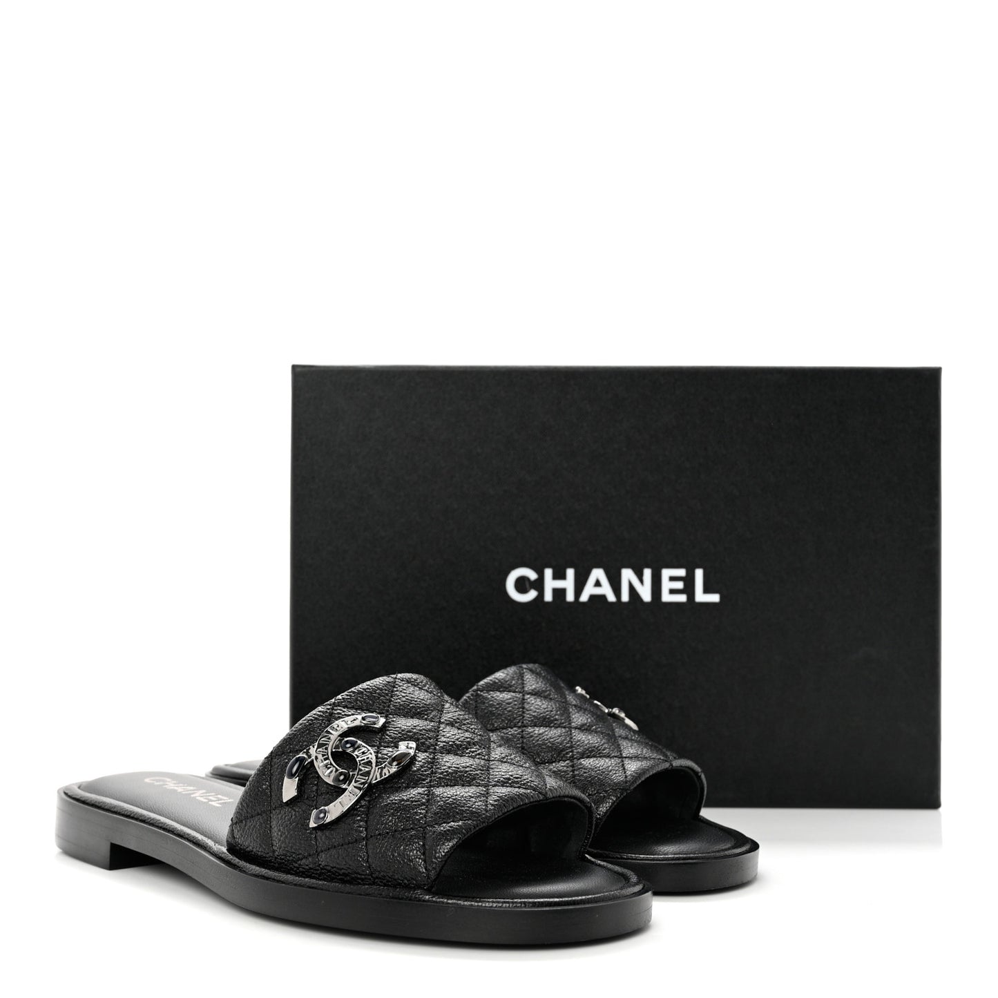 Shiny Goatskin Quilted CC Mules Sandals 38.5 Black
