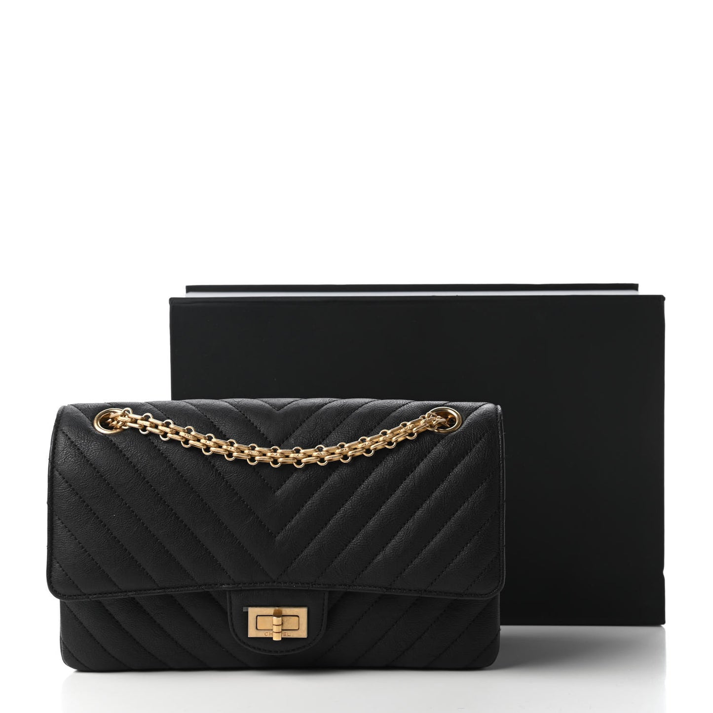 Crumpled Calfskin Chevron Quilted 2.55 Reissue 225 Flap Black