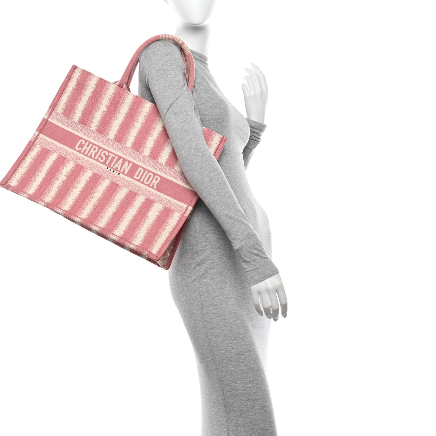 CHRISTIAN DIOR Canvas Embroidered Large Striped Book Tote Pink