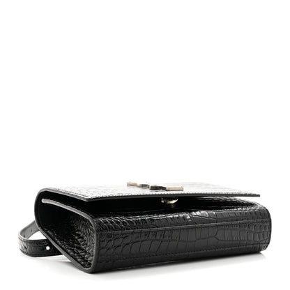 Saint Laurent Calfskin Crocodile Embossed Monogram Kate Belt Bag Black 4 of 9