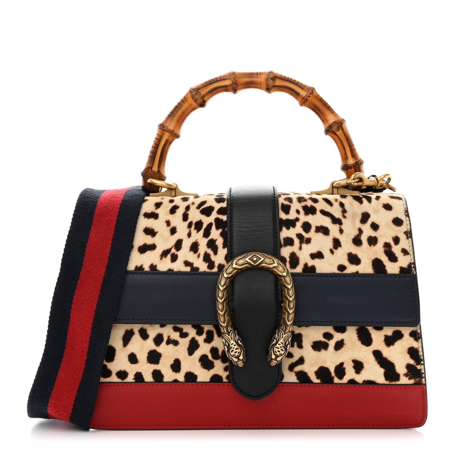 Calf Hair Calfskin Bamboo Web Leopard Print Medium Dionysus Top Handle Bag Natural Blue Agata Hibiscus Red