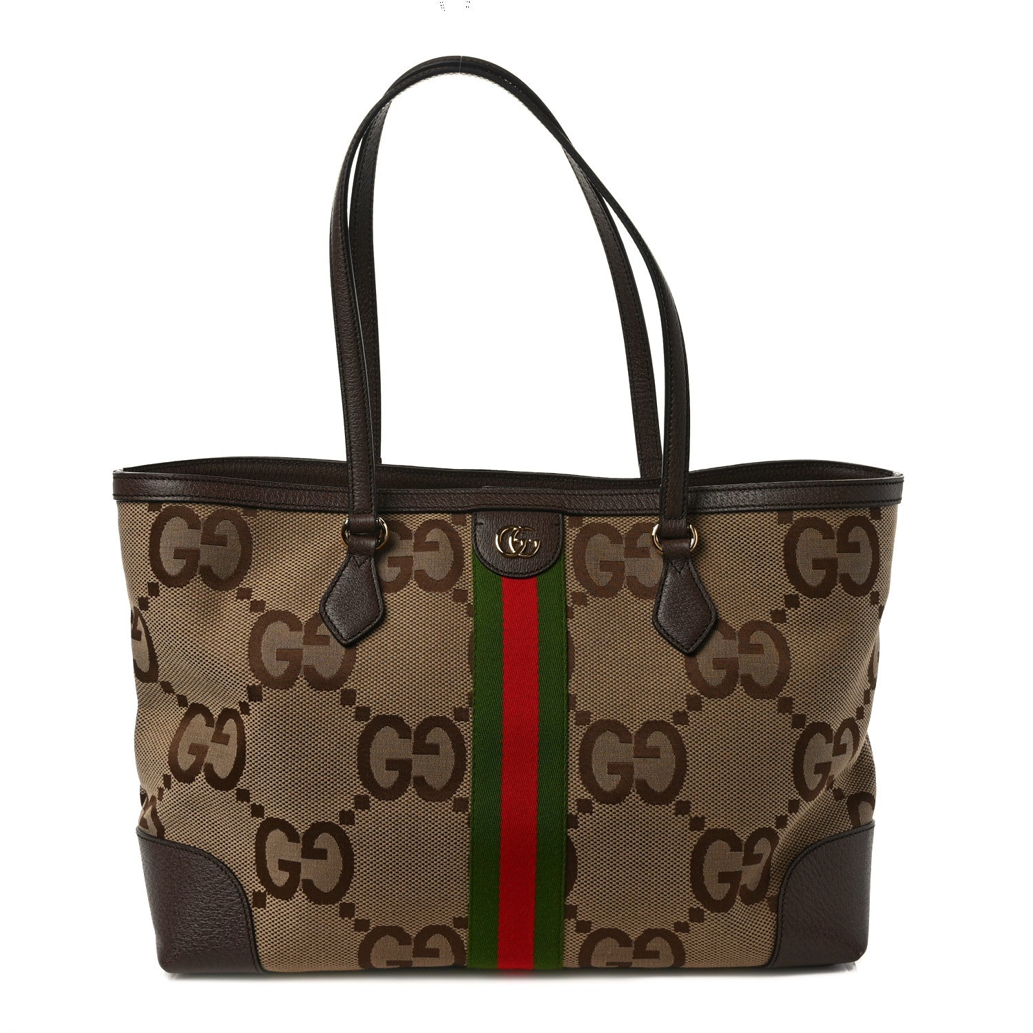Gucci Monogram Jumbo GG Textured Dollar Calfskin Web Medium Ophidia Shopping Tote Camel Ebony 1 of 8