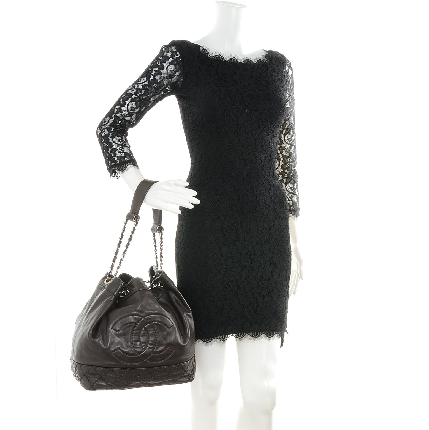 Calfskin Drawstring CC Bucket Bag Dark Brown